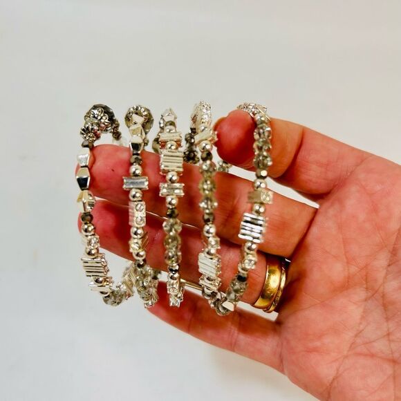 Silver and Gunmetal Beaded Stretch Bracelet Bangle - Picture 10 of 12